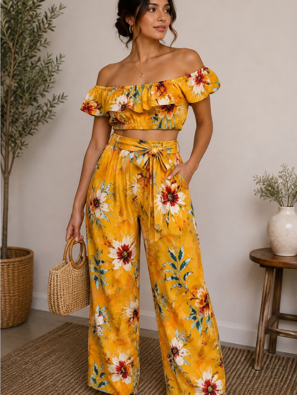 Haute Monde Yellow Floral Off-Shoulder Crop Top & Wide-Leg Jumpsuit Set